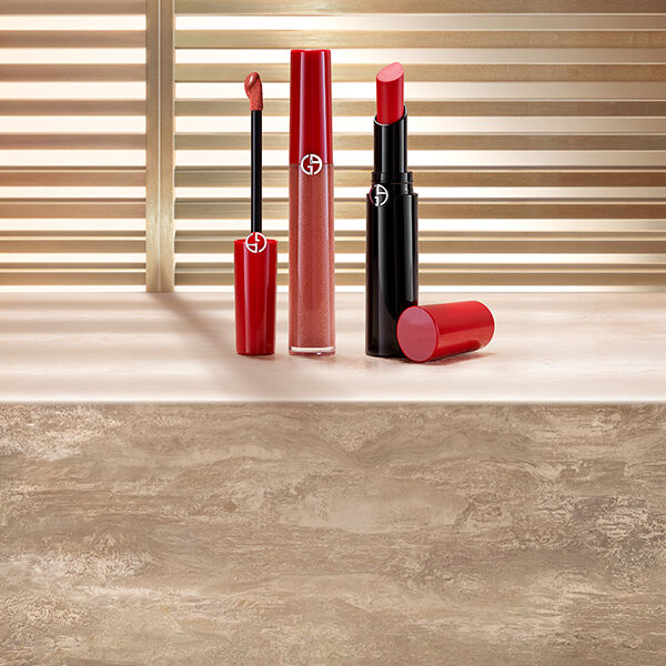 Giorgio Armani beauty products, including makeup and fragrances in an elegant packaging design.