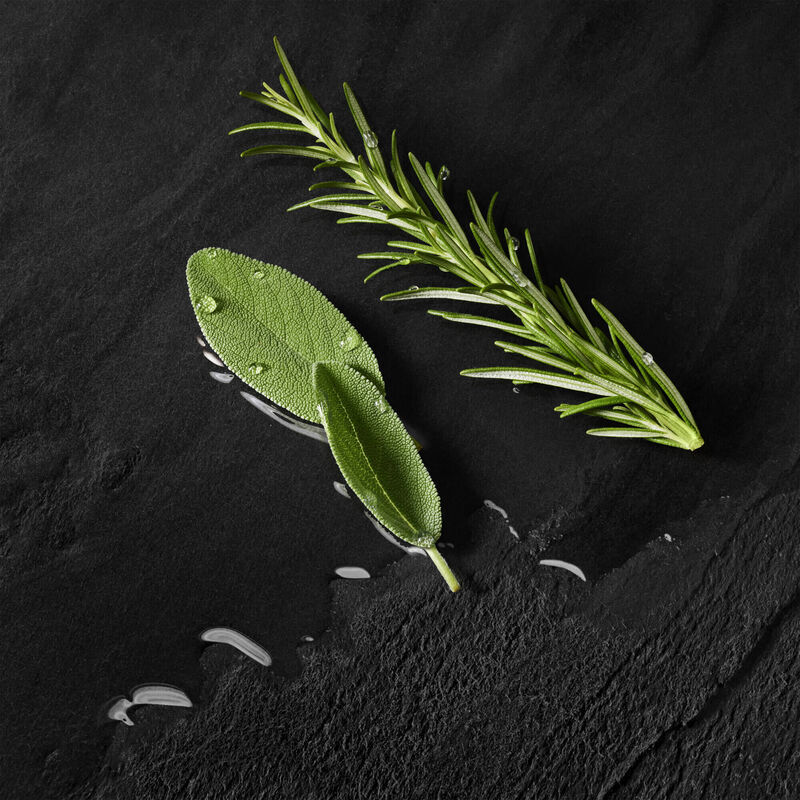 A sprig of rosemary and a sage leaf with water droplets on a textured black surface.