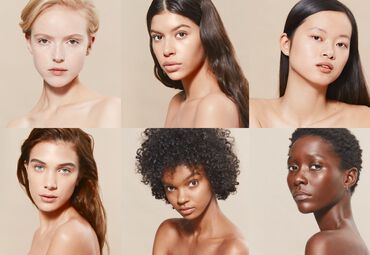 A collage featuring six women of diverse backgrounds and skin tones, each with natural makeup and varying hairstyles, all posing against a neutral background.