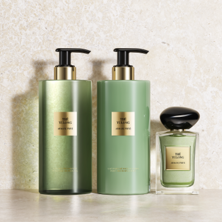 The complete Armani/Prive The Yulong ritual: Hand & Body Wash, Lotion, and the iconic Eau de Toilette in sage green. Set against stone, they celebrate the serene balance of tea and artisanal luxury.