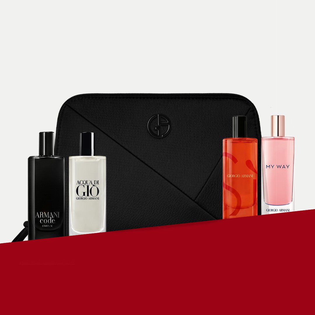 An exquisite duo of Armani icons, the radiant Si and My Way fragrances, paired with a sleek black textured couture pouch. A celebration of the House's art of gifting, blending timeless elegance with modern sophistication.