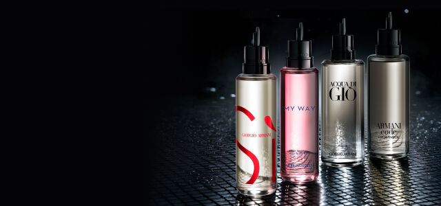 A refill bottle for Giorgio Armani My Way perfume. Its shadow evokes the full-size bottle.