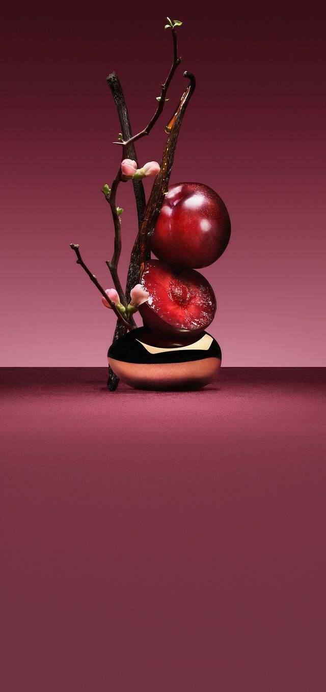Cuir Rubis olfaction visual with plum, licorice and leather-inspired elements.