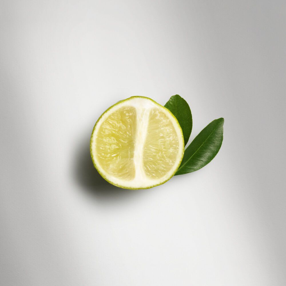 A vibrant half-sliced Japanese yuzu fruit and two fresh green leaves, showcasing an ingredient for Emporio Armani fragrance, against a pristine white background.