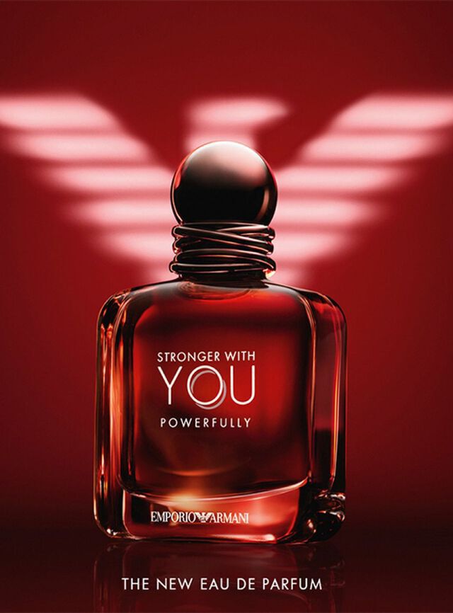 Armani Stronger With You Powerfully bottle with illuminated wings, symbolizing strength.