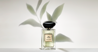 Armani/Prive "The Yulong" perfume bottle resting on leaves over rippling water.