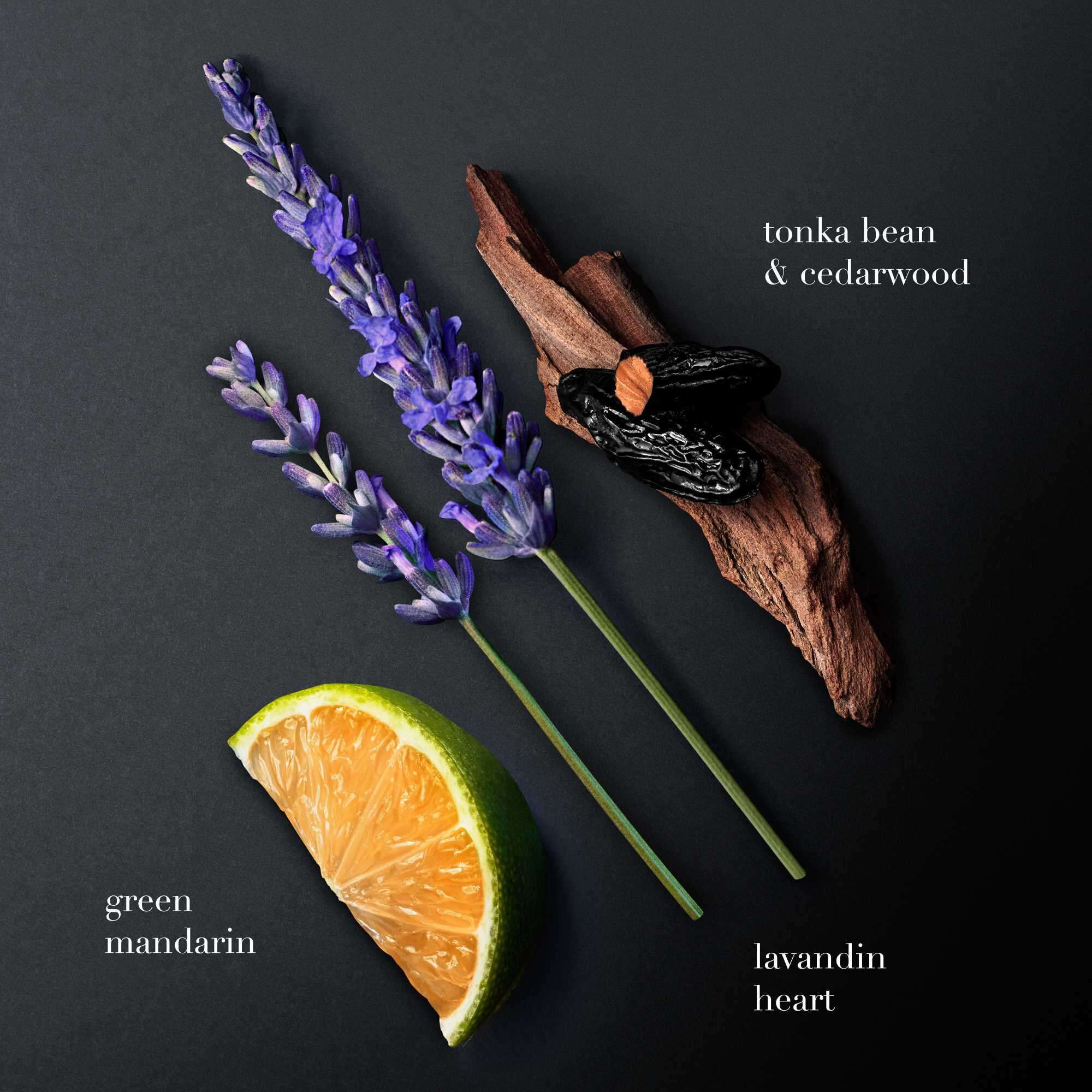 A flat lay on a dark background showcases three key fragrance ingredients: green mandarin, purple lavandin (lavender), and cedarwood with glossy black tonka beans. Each element is labeled: "green mandarin," "lavandin heart," and "tonka bean & cedarwood."