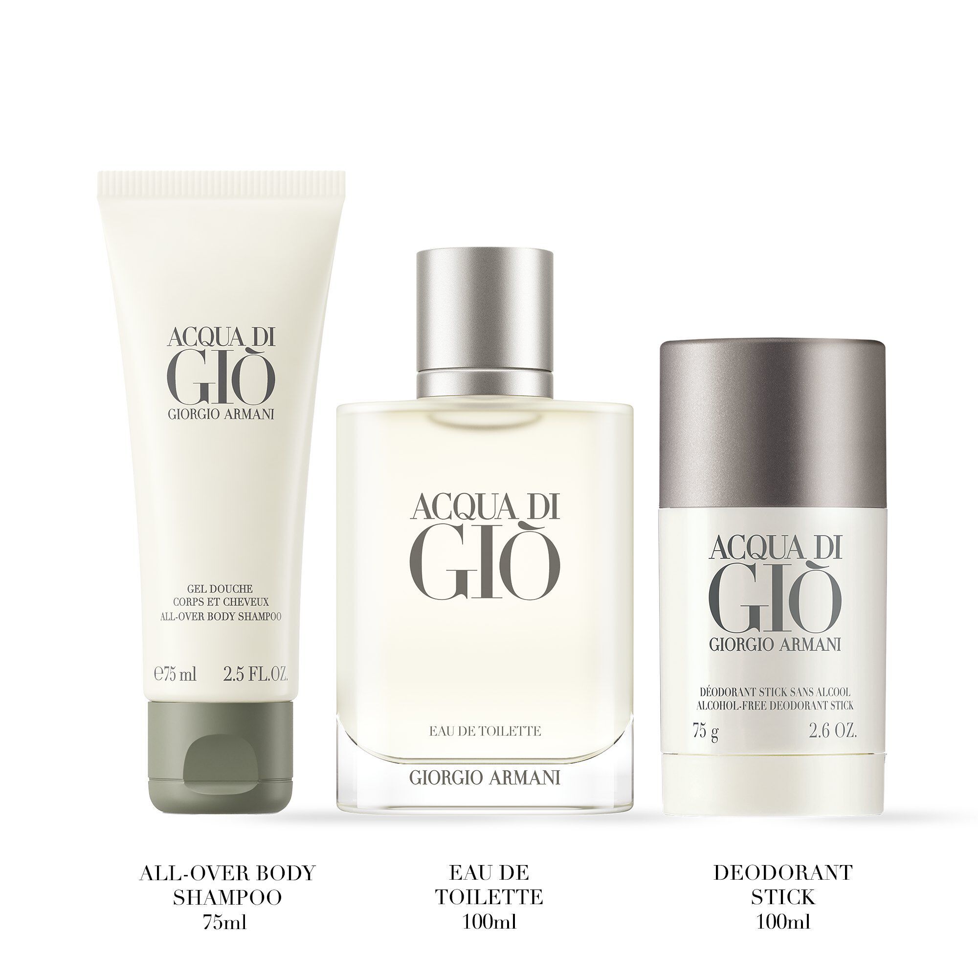 Acqua di Gio Eau de Toilette 100ml, 75 ml showel gel and a 75 ml deodorant displayed on a white background.