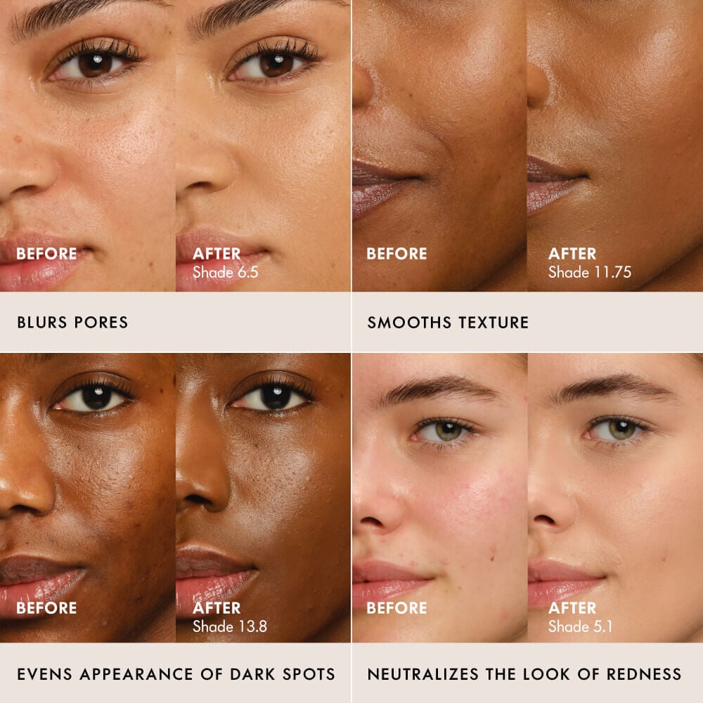 Close-up "before and after" showing foundation LUMINOUS SILK FOUNDATION in different skin tones for different skin concerns