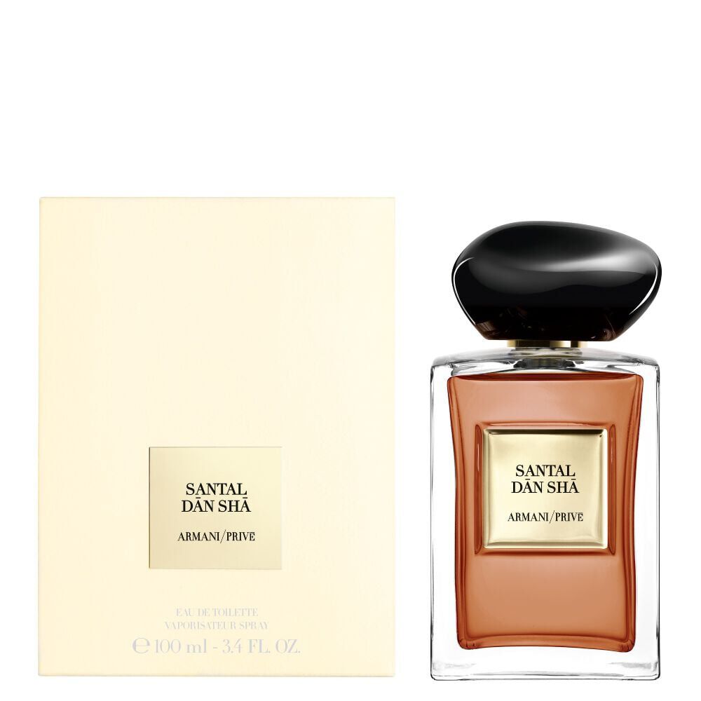 Armani/Prive Les Eaux Santal Dān Shā bottle and packaging, presented with refined minimalism and signature elegance.