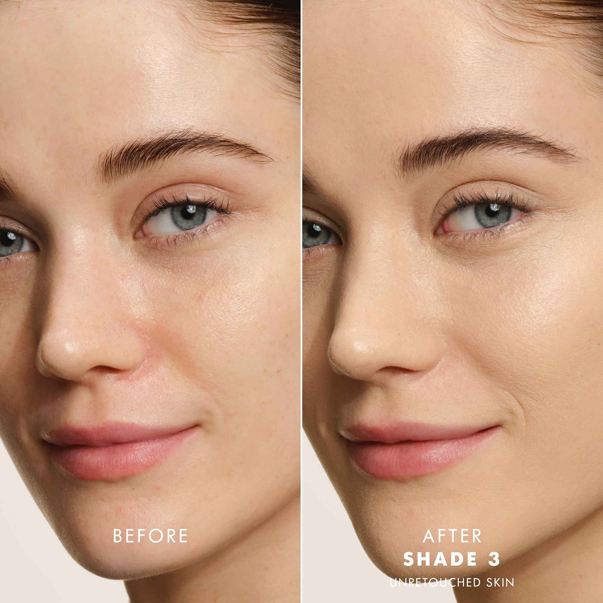 Before and After of the newly enhanced Armani beauty LUMINOUS SILK FOUNDATION