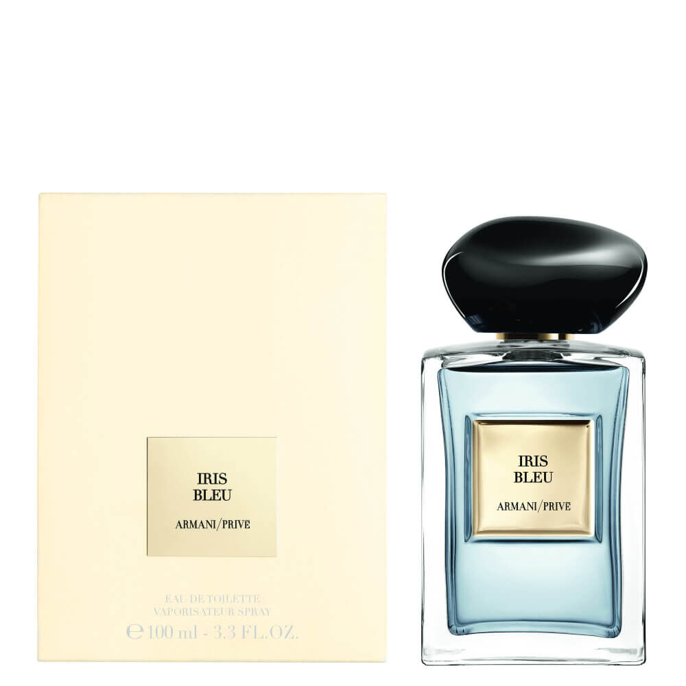 Perfume box IRIS BLEU bottle with blue iris flower.