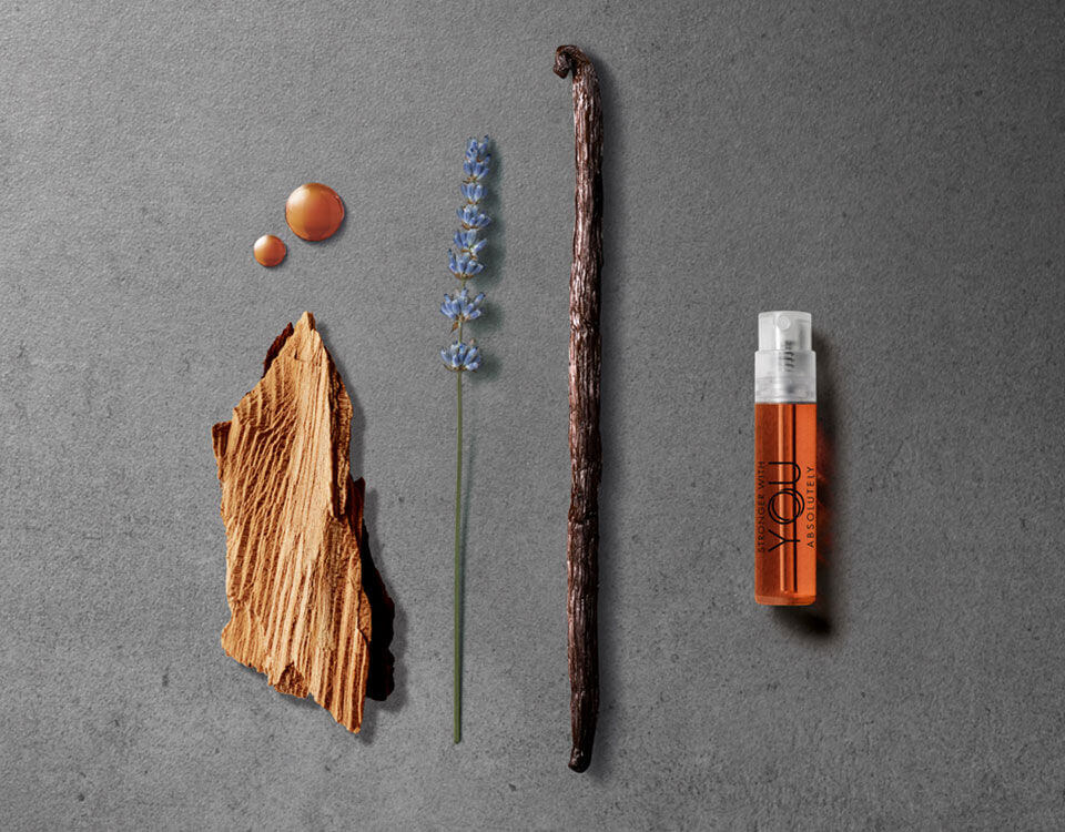 Aromatic wood, lavender sprig, vanilla pod, and a spray bottle of essence arranged on a textured stone surface.