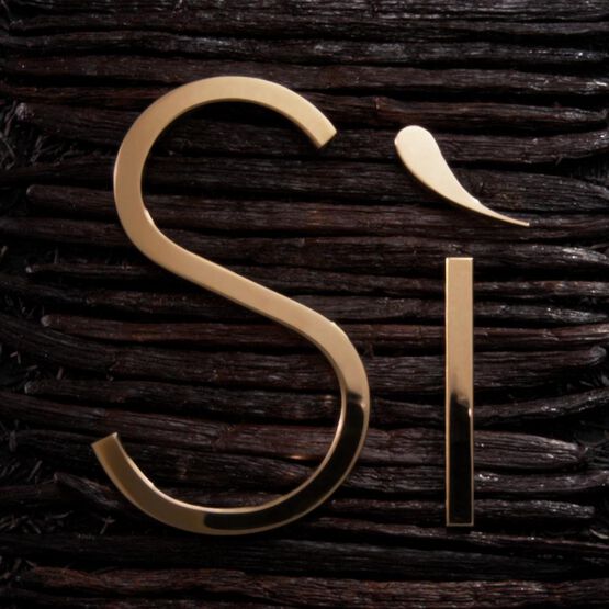 Gold 'Si' logo against a textured dark wood background.