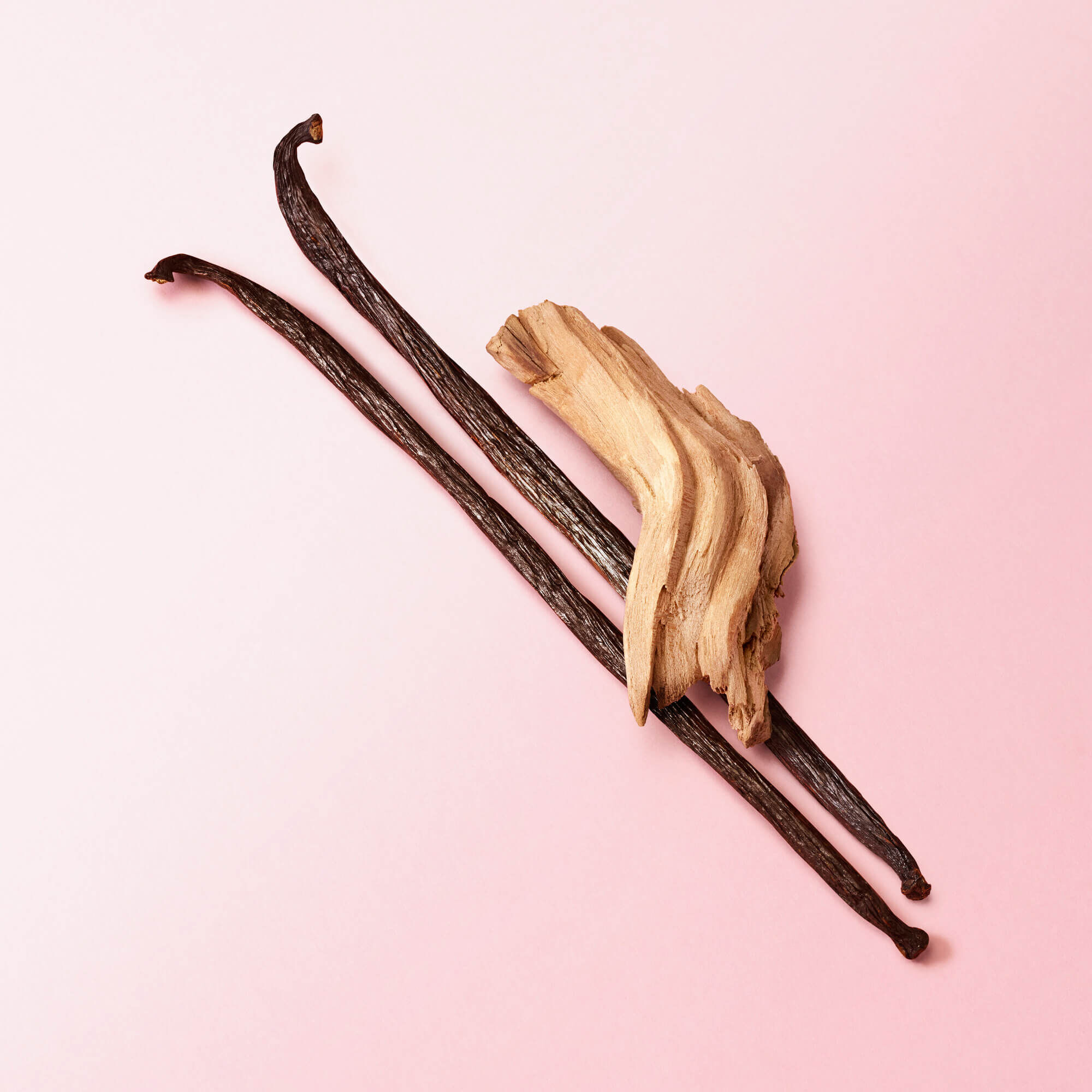 Two vanilla pods and a piece of wood on a soft pink background, highlighting natural ingredients.